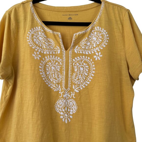 🤍TOMMY HILFIGER Sunflower Yellow Cotton Split-Neck T-Shirt Women's Large - Picture 3 of 4
